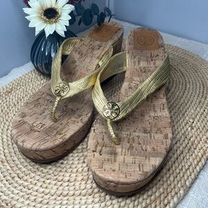 Tory Burch Gold Cork Wedge Flip Flop Sandals Size 9M